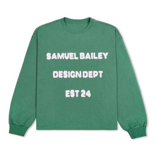 Samuel Bailey Green Long Sleeve Design Dept Tee — S — Front View
