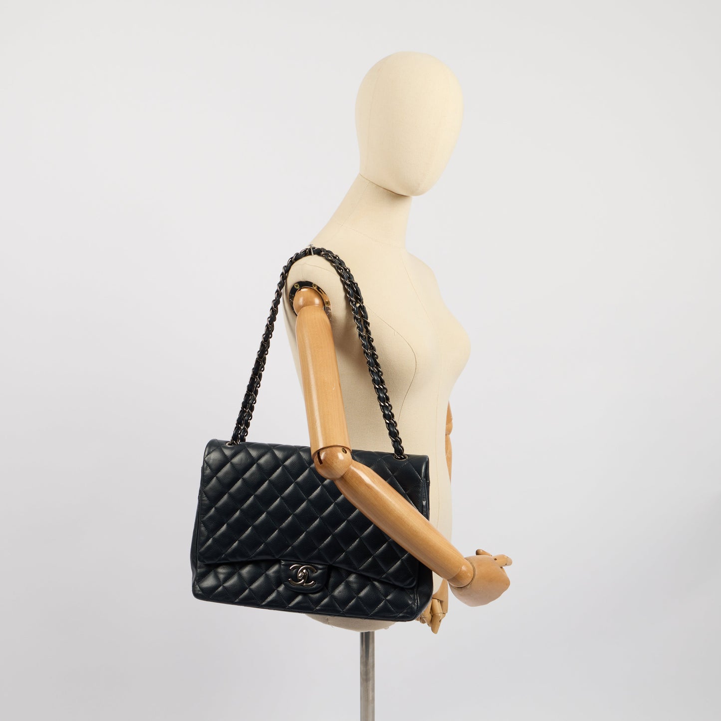 Chanel Shoulder Bag Classic - Maxi in Navy, Lambskin Leather — Side View