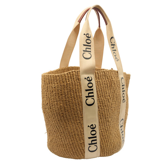 Chloe Tote Woody Basket in Neutral, Raffia — Side View