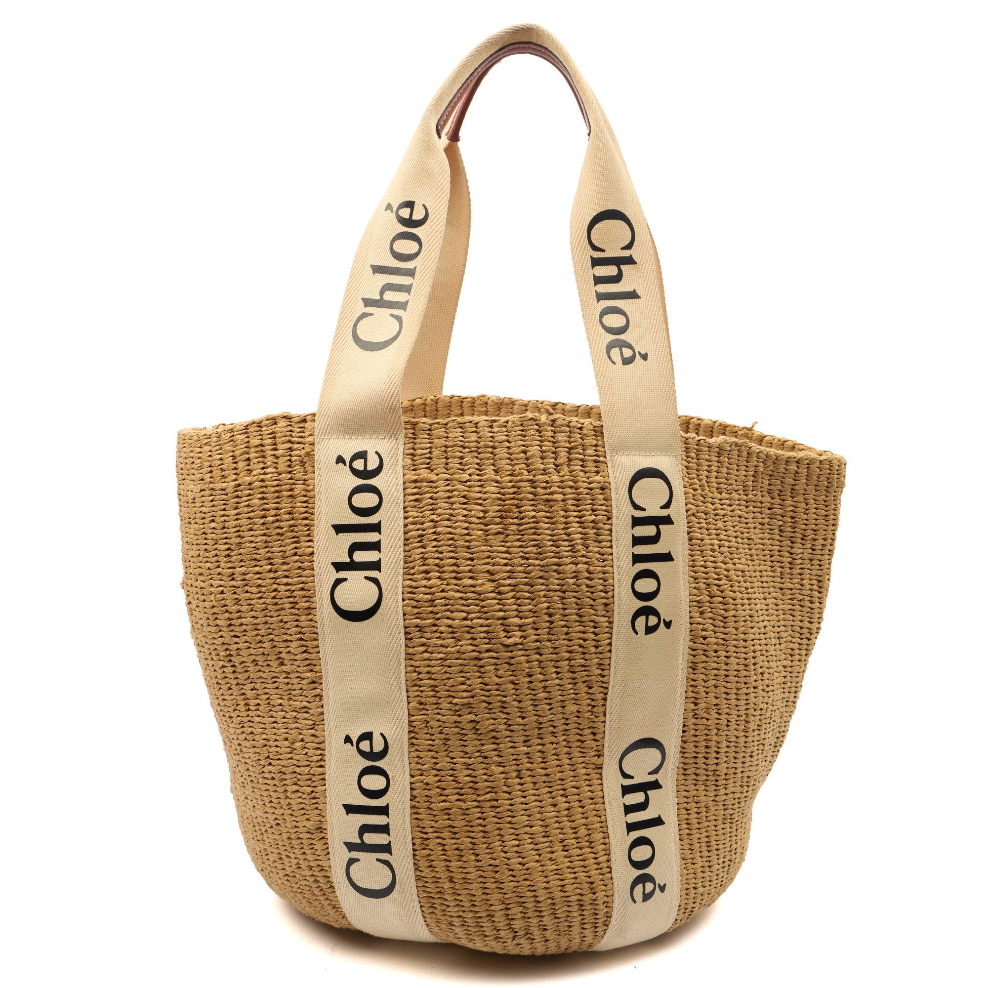 Chloe Tote Woody Basket in Neutral, Raffia — Front View