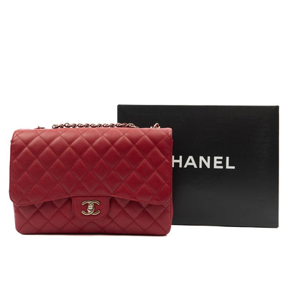 Chanel Shoulder Bag Classic Single Flap - Jumbo in Red, Caviar Leather — Lifestyle View
