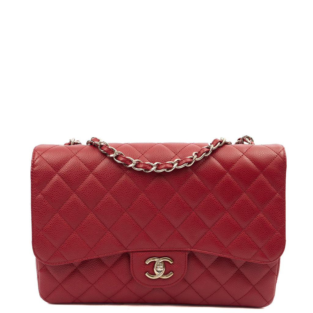 Chanel Shoulder Bag Classic Single Flap - Jumbo in Red, Caviar Leather — Front View