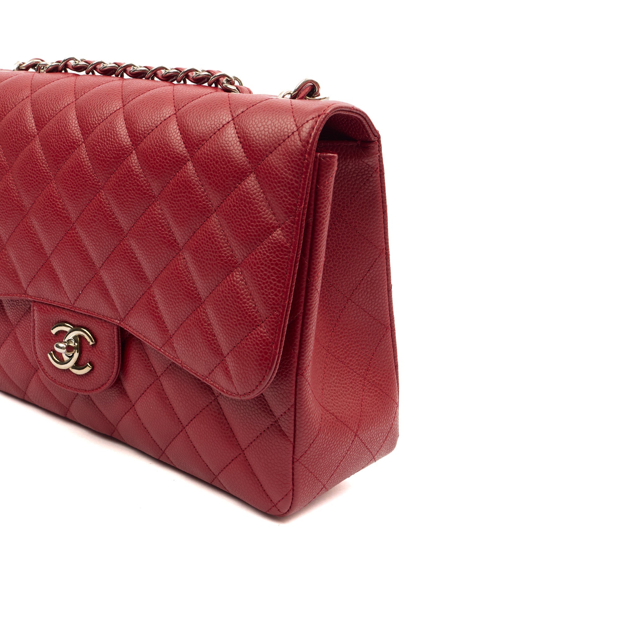Chanel Shoulder Bag Classic Single Flap - Jumbo in Red, Caviar Leather — Detail View