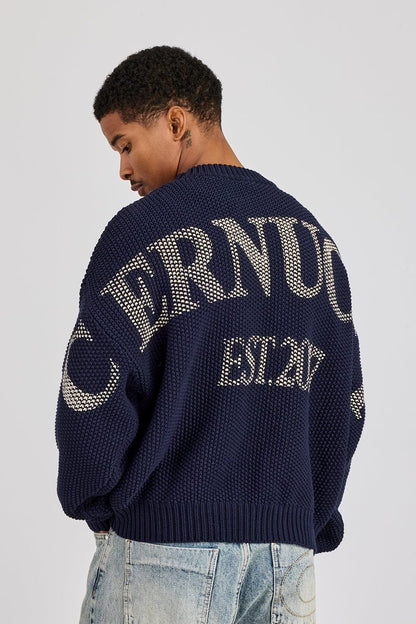 Cernucci Textured Knit Printed Sweatshirt - Navy Blue — S — Front View
