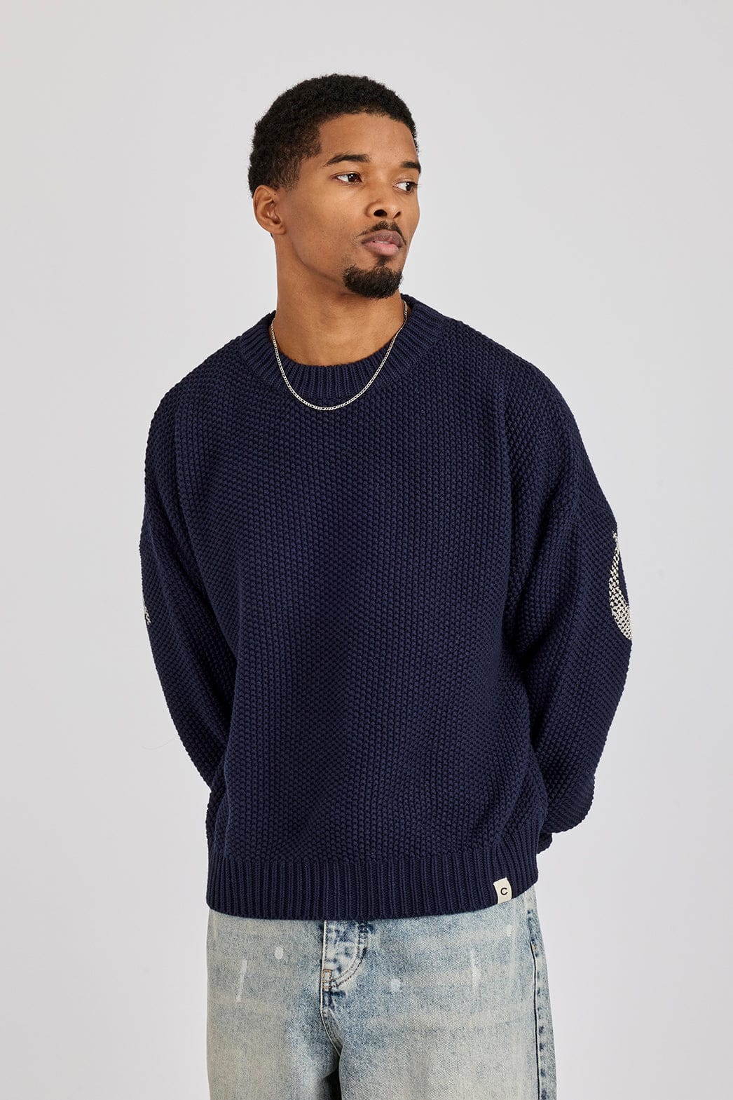 Cernucci Textured Knit Printed Sweatshirt - Navy Blue — S — Back View