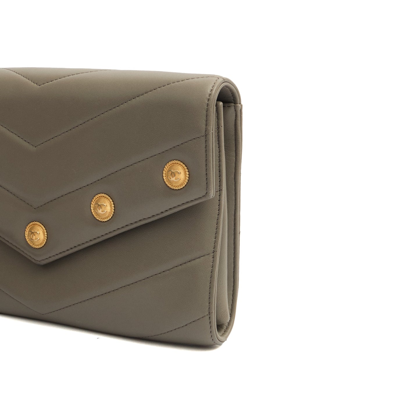 Chanel Clutch Pouch Wristlet in Grey, Lambskin Leather — Detail View