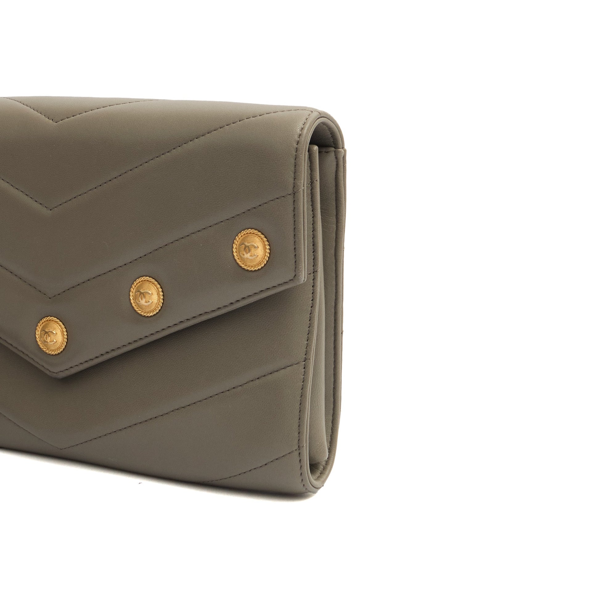 Chanel Clutch Pouch Wristlet in Grey, Lambskin Leather — Detail View