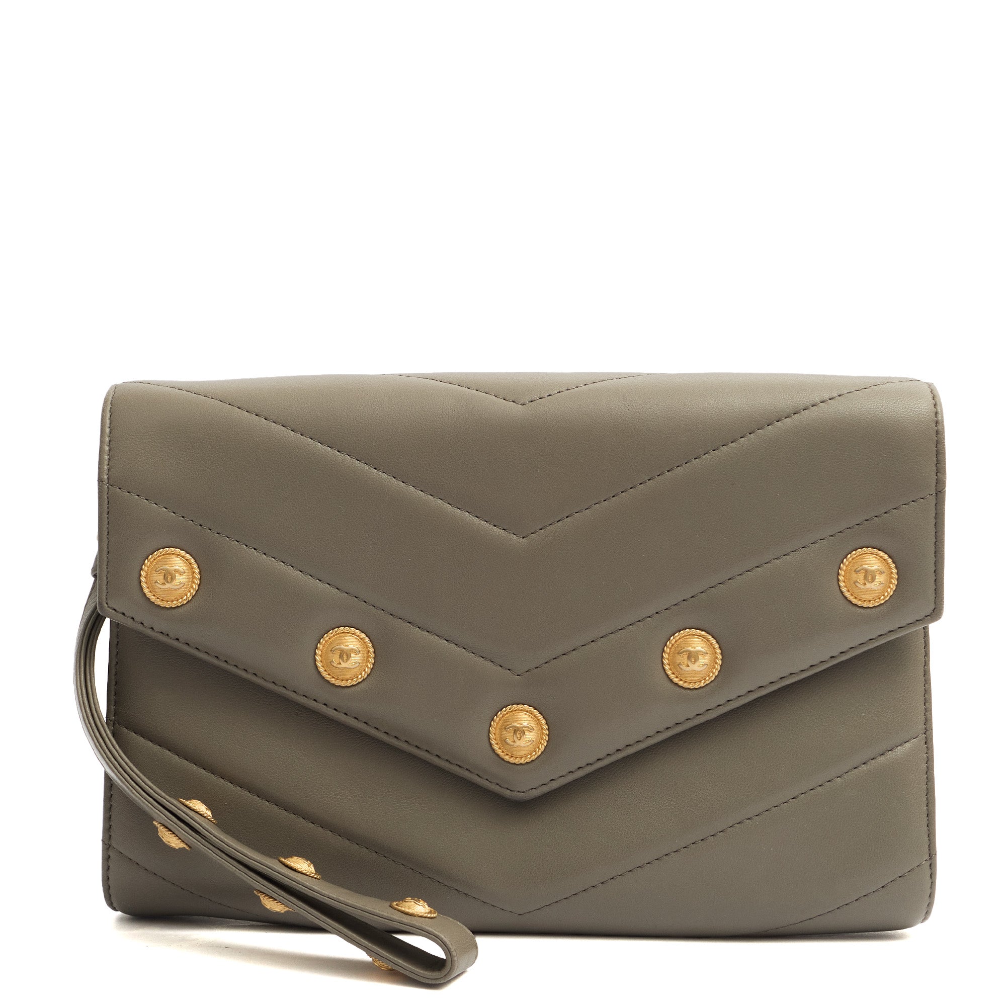 Chanel Clutch Pouch Wristlet in Grey, Lambskin Leather — Alternate View 9