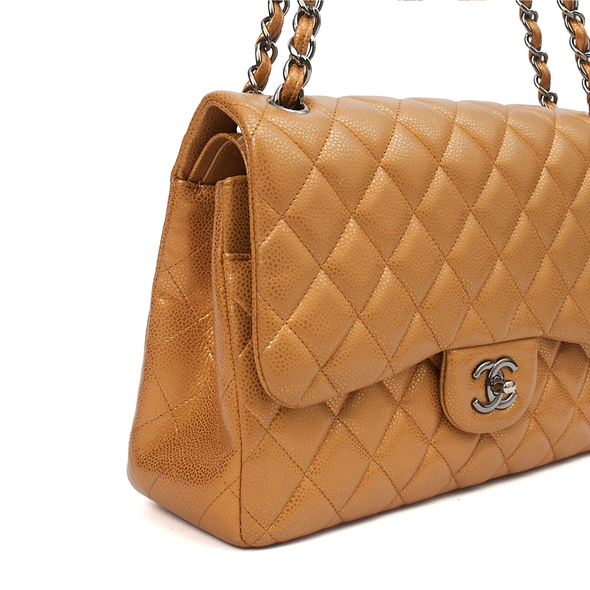 Chanel Cross Body Classic Double Flap - Large in Metallic, Caviar Leather — Detail View