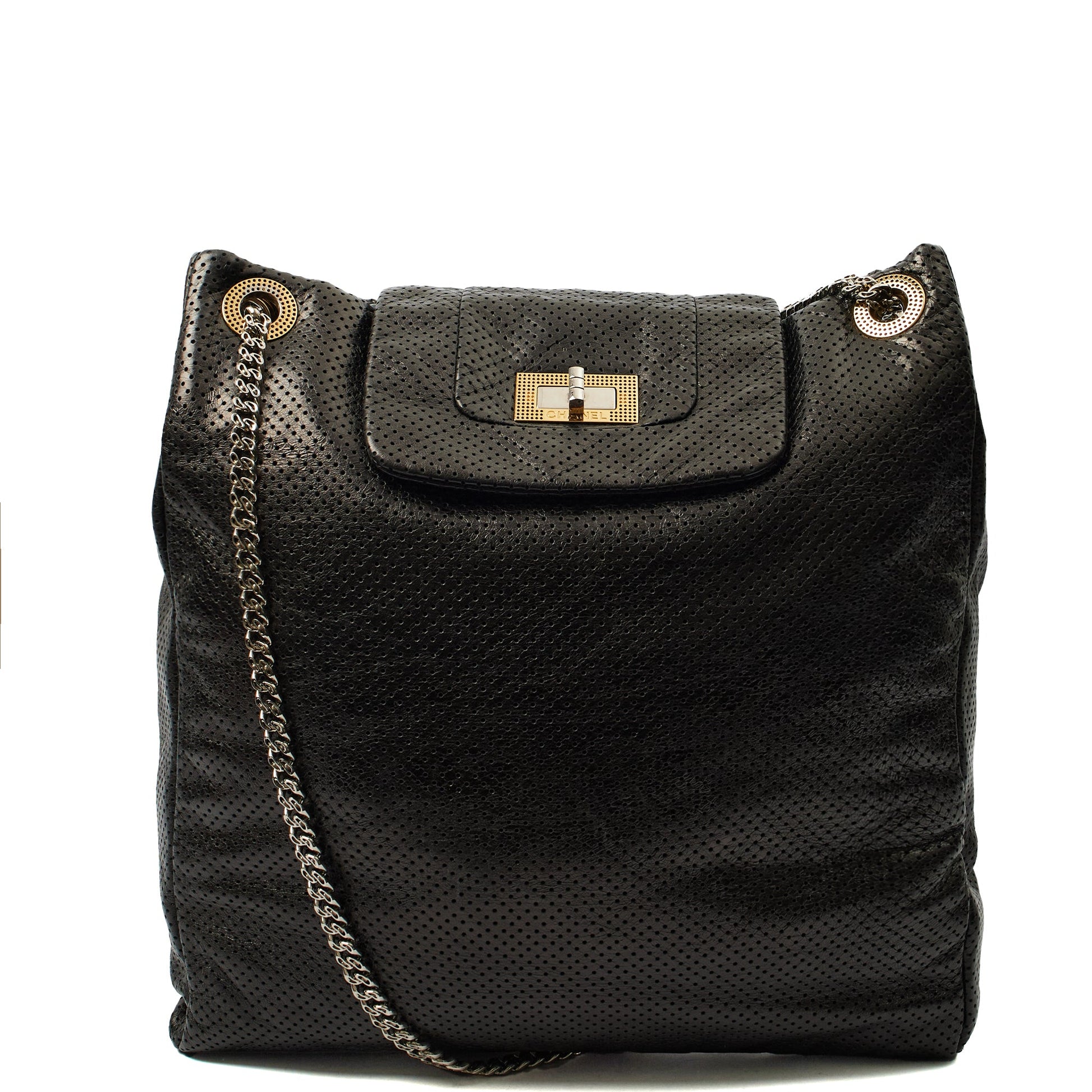 Chanel Shoulder Bag Drill Tote - Large in Black, Leather — Front View