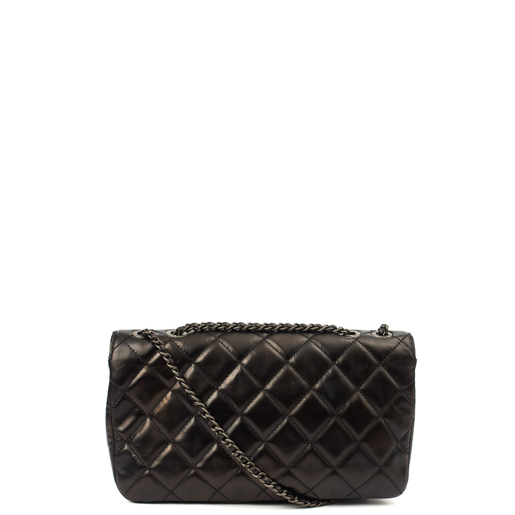 Chanel Shoulder Bag Flap Bag in Black, Glazed Calfskin — Back View