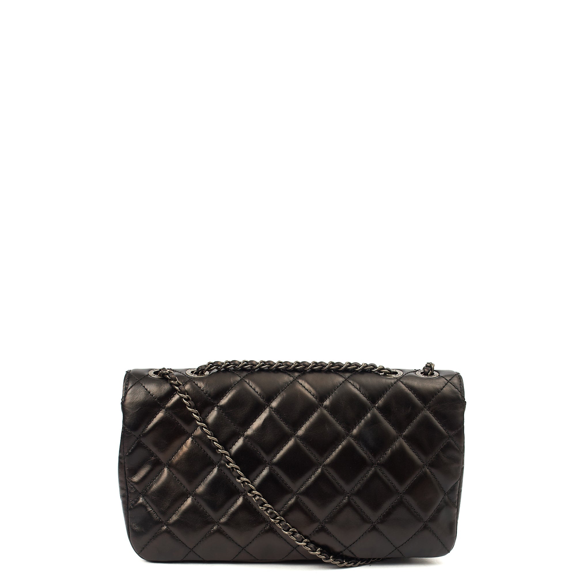 Chanel Shoulder Bag Flap Bag in Black, Glazed Calfskin — Back View