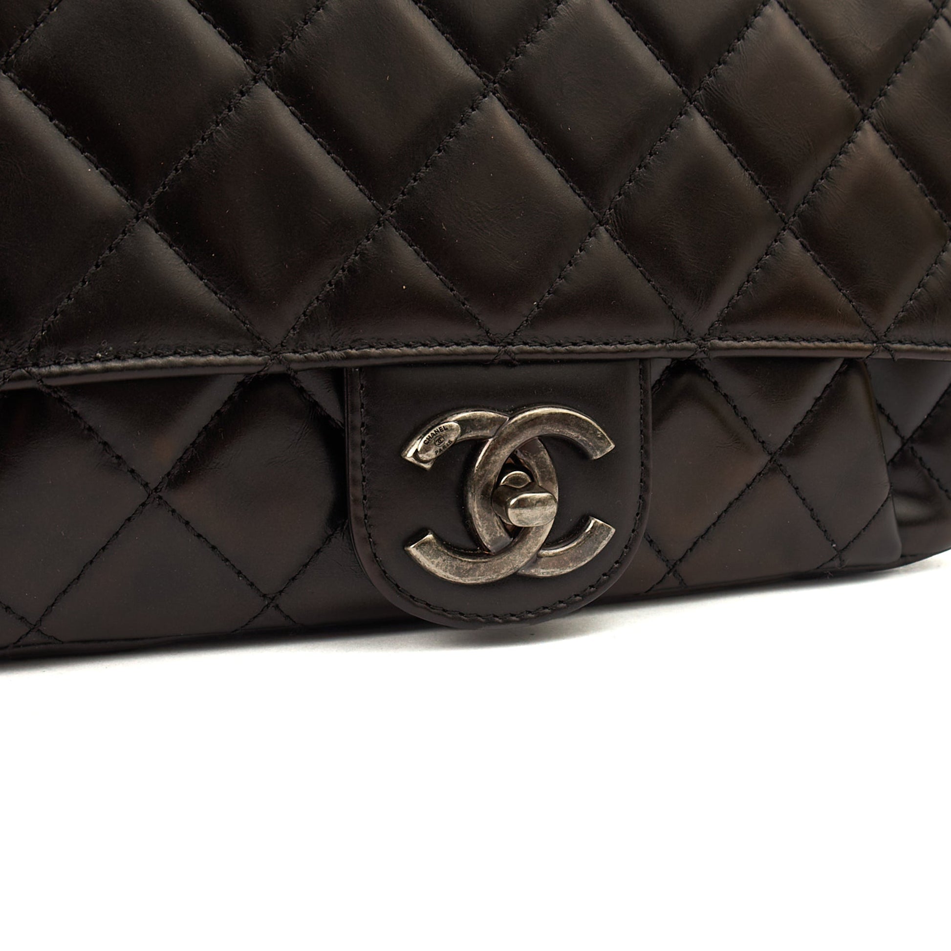 Chanel Shoulder Bag Flap Bag in Black, Glazed Calfskin — Lifestyle View