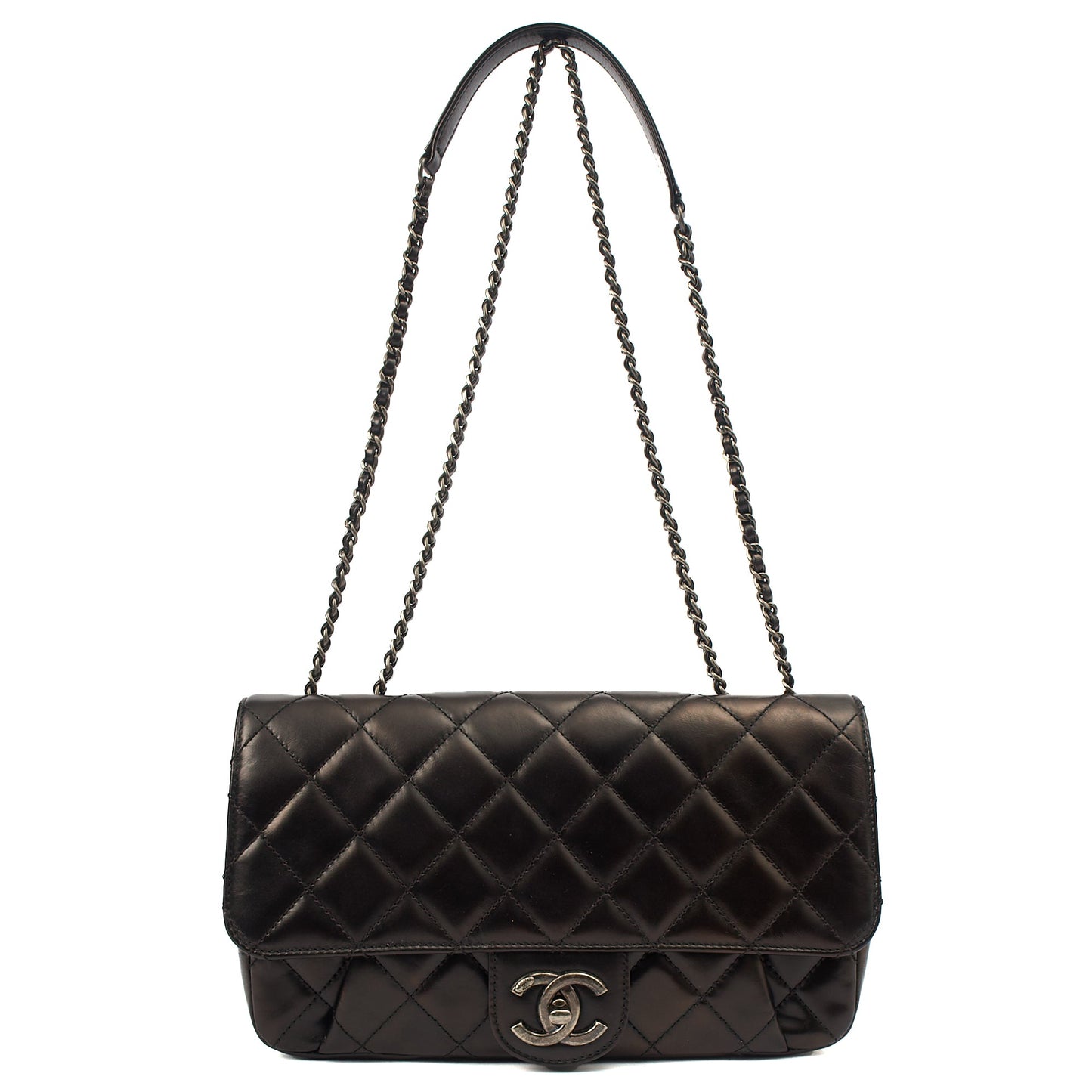 Chanel Shoulder Bag Flap Bag in Black, Glazed Calfskin — Detail View
