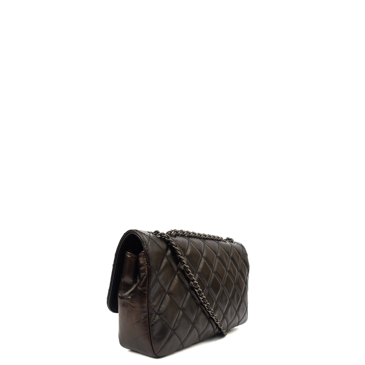 Chanel Shoulder Bag Flap Bag in Black, Glazed Calfskin — Side View