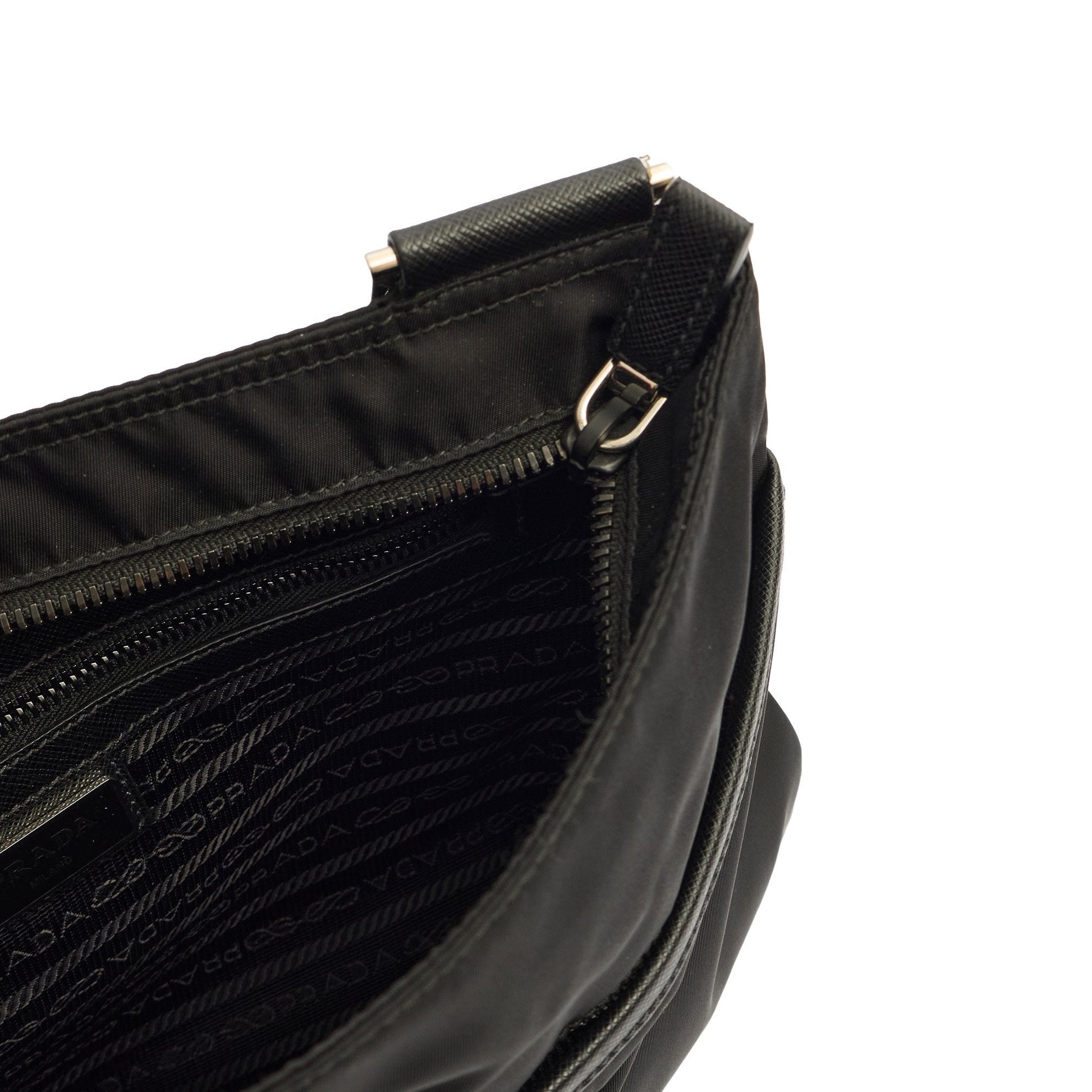 Prada Cross Body Nylon Messenger in Black, Nylon — Detail View