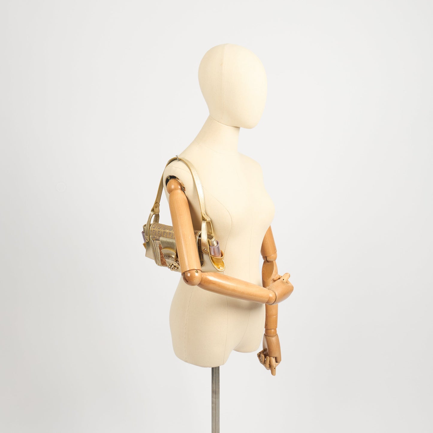 Fendi Shoulder Bag Zucchino Compilation Bag in Metallic, Fabric — Side View