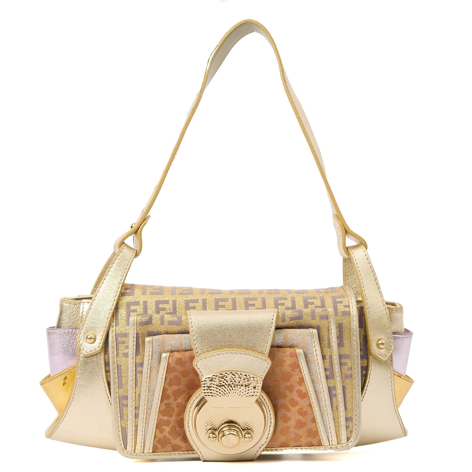 Fendi Shoulder Bag Zucchino Compilation Bag in Metallic, Fabric — Front View