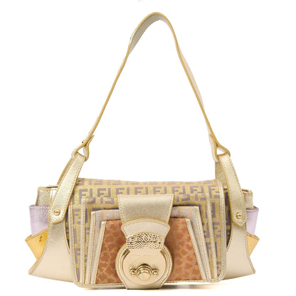 Fendi Shoulder Bag Zucchino Compilation Bag in Metallic, Fabric — Front View