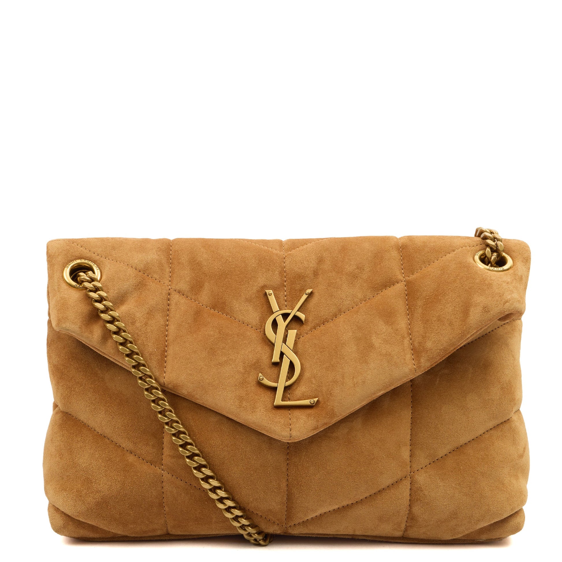 Saint Laurent Cross Body Puffer - Small in Brown, Suede — Front View