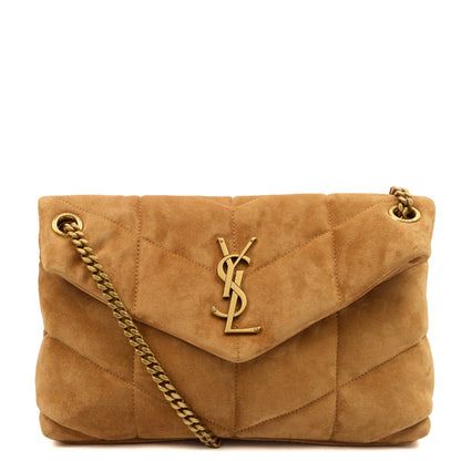 Saint Laurent Cross Body Puffer - Small in Brown, Suede — Front View