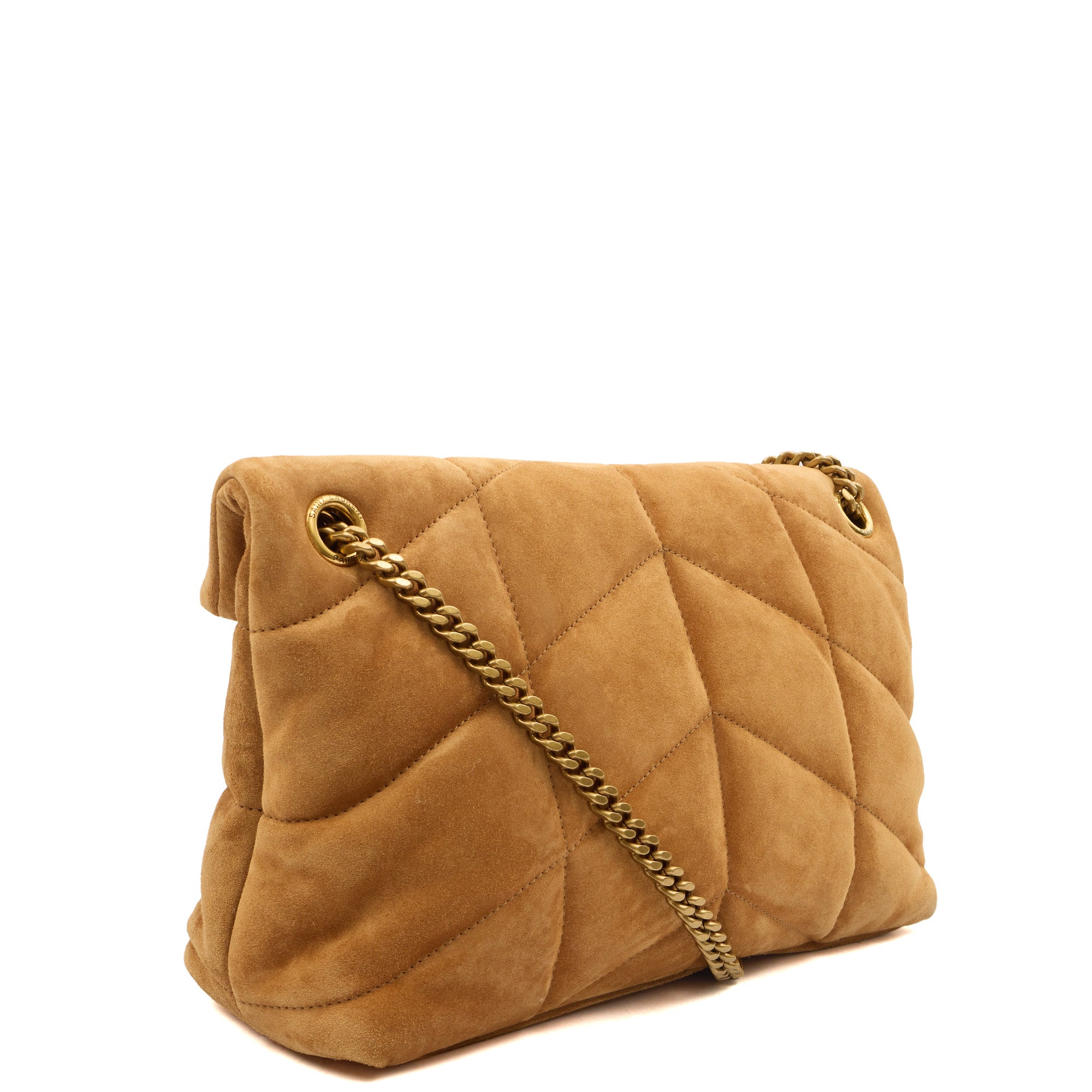 Saint Laurent Cross Body Puffer - Small in Brown, Suede — Back View