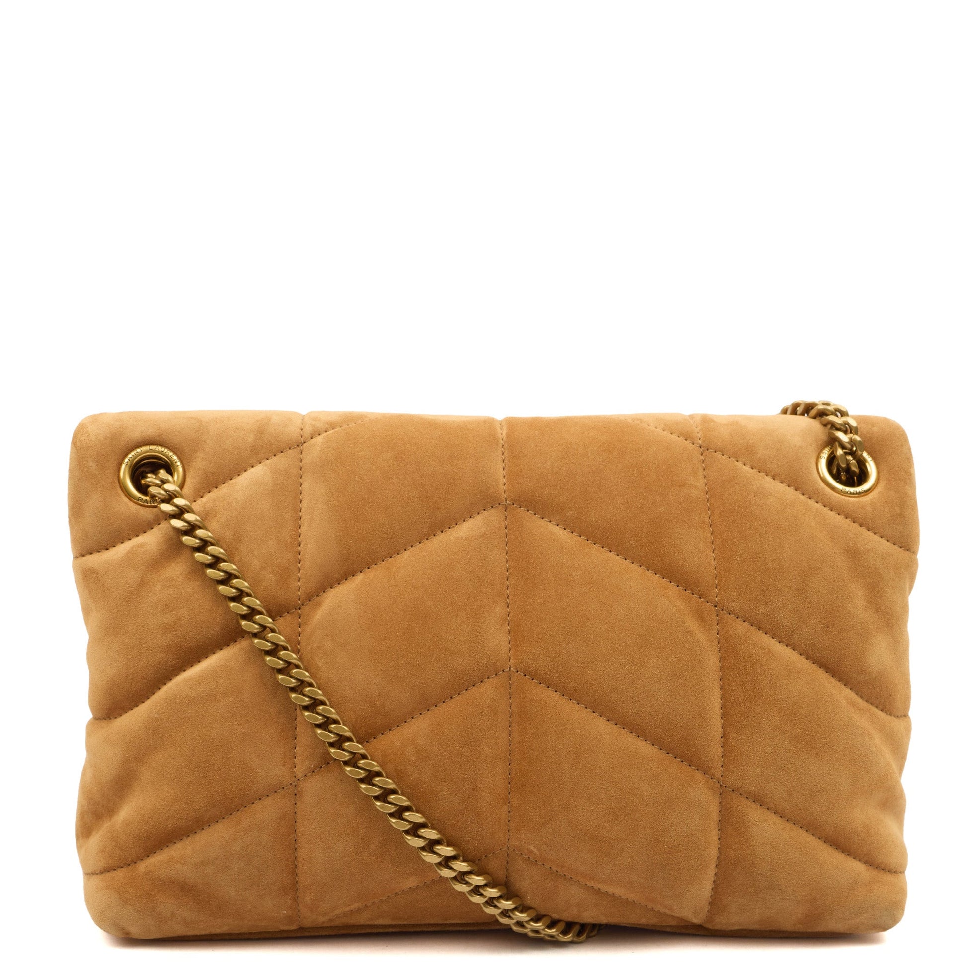 Saint Laurent Cross Body Puffer - Small in Brown, Suede — Top View