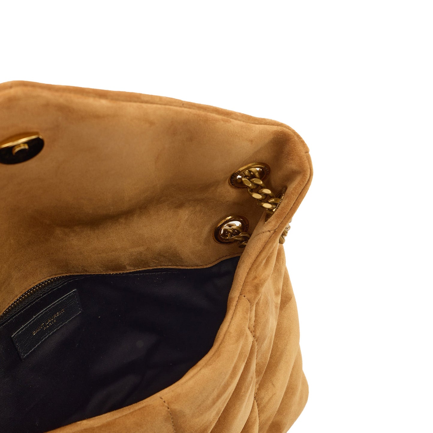 Saint Laurent Cross Body Puffer - Small in Brown, Suede — Lifestyle View