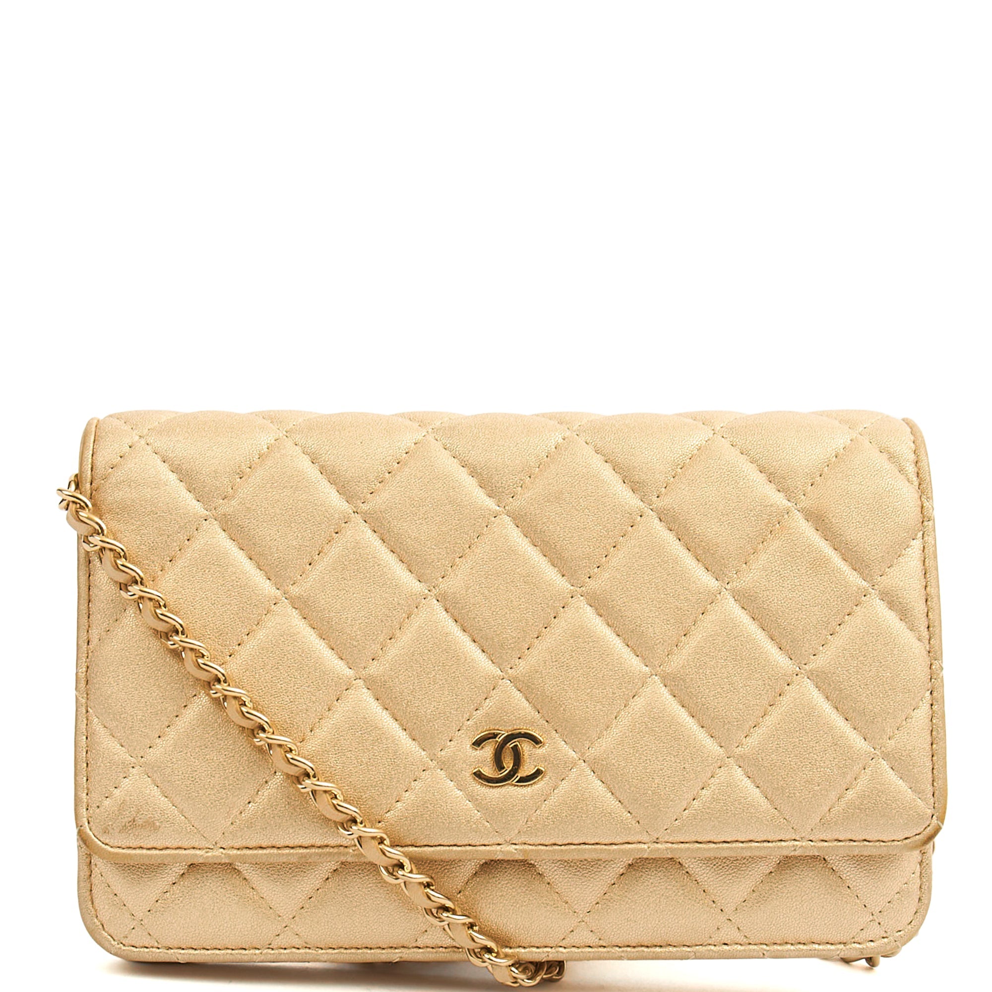 Chanel Cross Body Wallet on Chain in Metallic, Fabric — Front View
