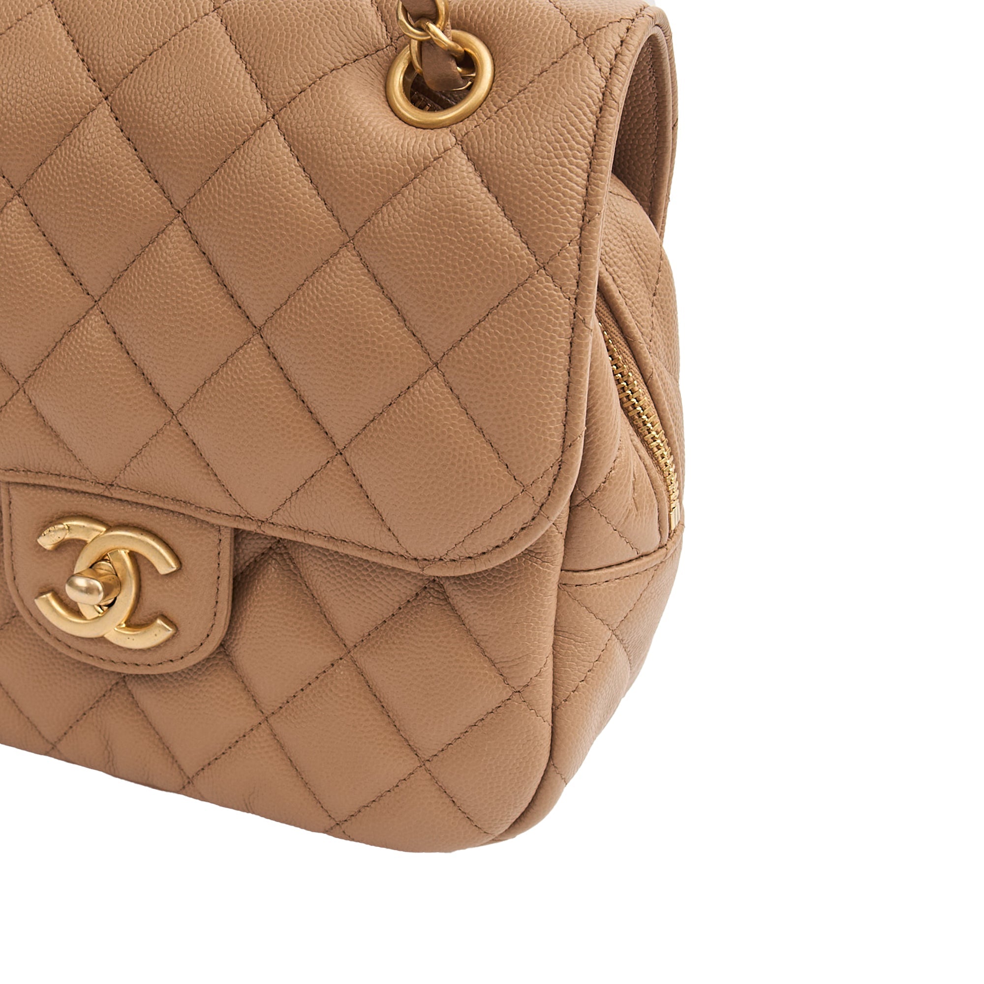 Chanel Flap Bag in Neutral, Caviar Leather — Detail View