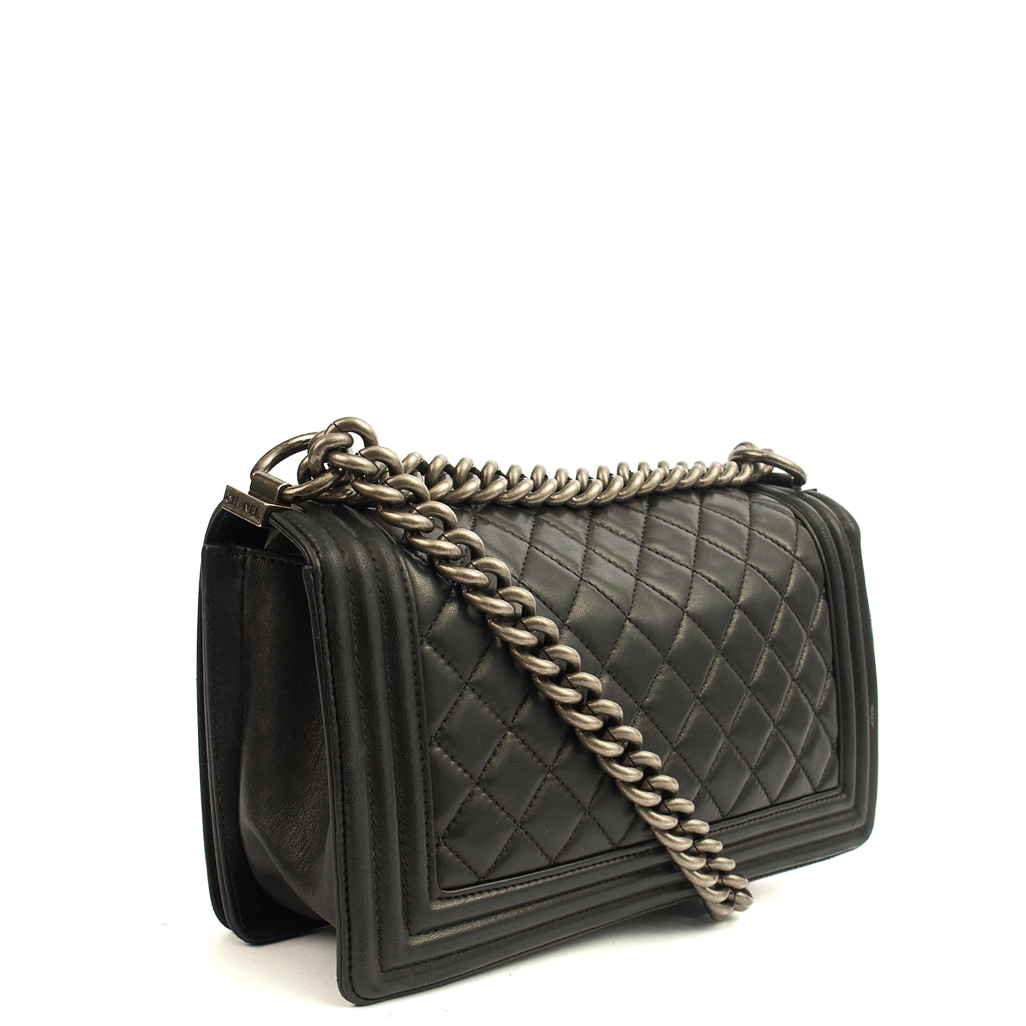Chanel Shoulder Bag Boy - Medium in Black, Calfskin Leather — Back View