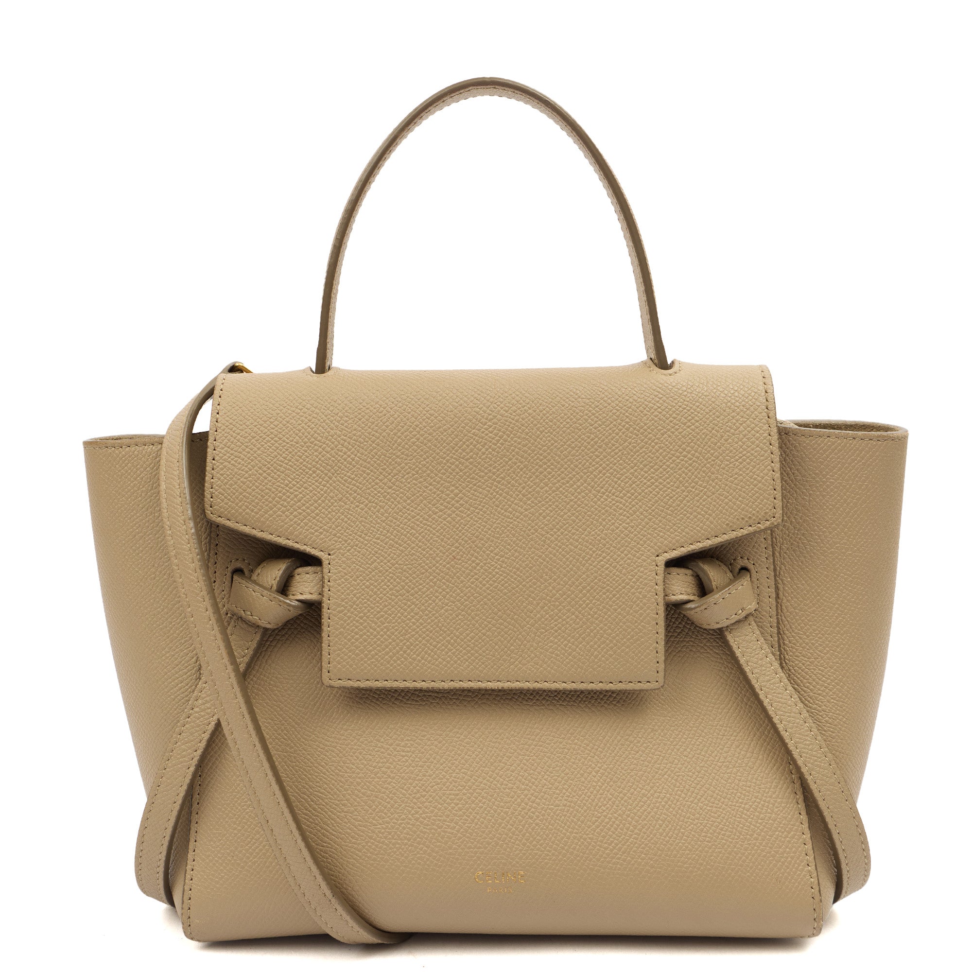 Celine Top Handle Belt Bag Mini in Cream, Box Calfskin — Front View