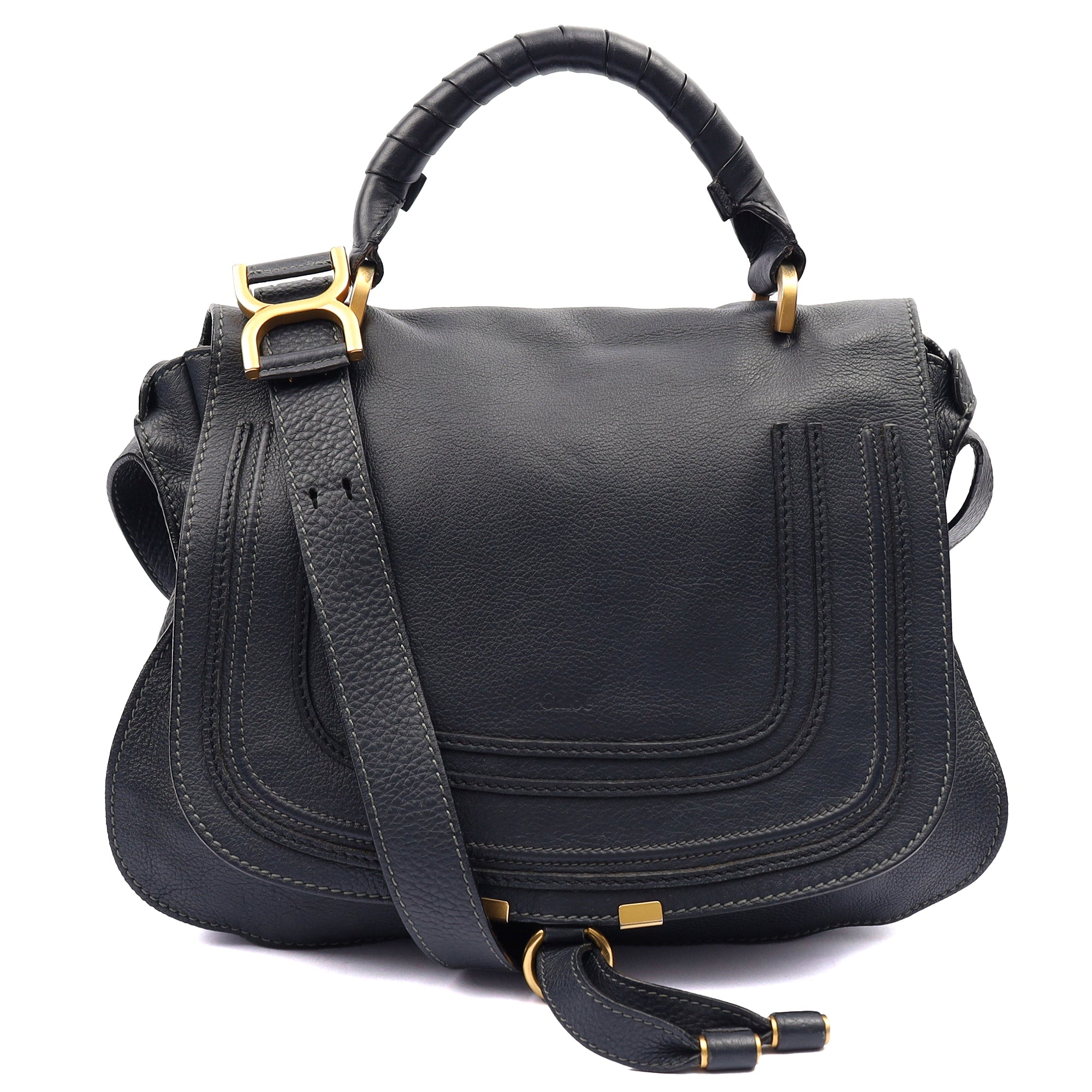 Chloe Tote Marcie Satchel in Blue, Calfskin Leather — Front View