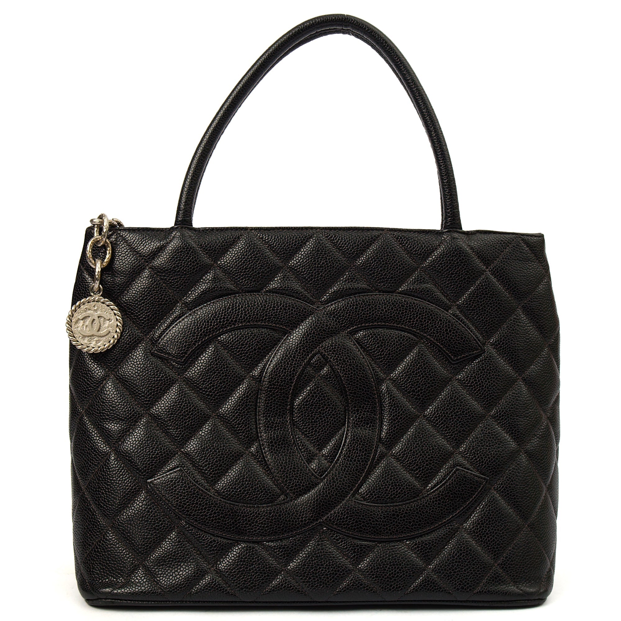 Chanel Tote Medaillon Tote in Black, Caviar Leather — Front View