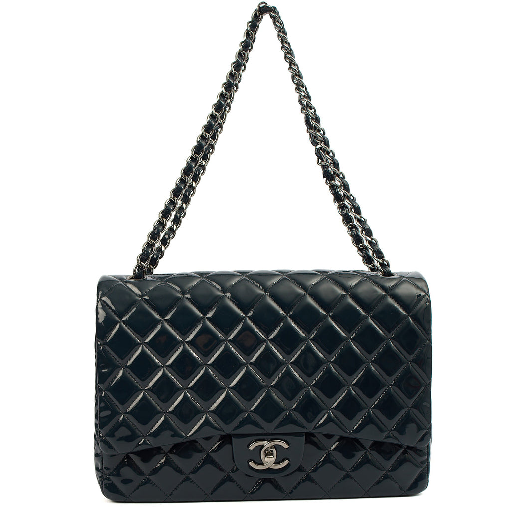 Chanel Shoulder Bag Classic - Maxi in Navy, Patent Leather — Lifestyle View