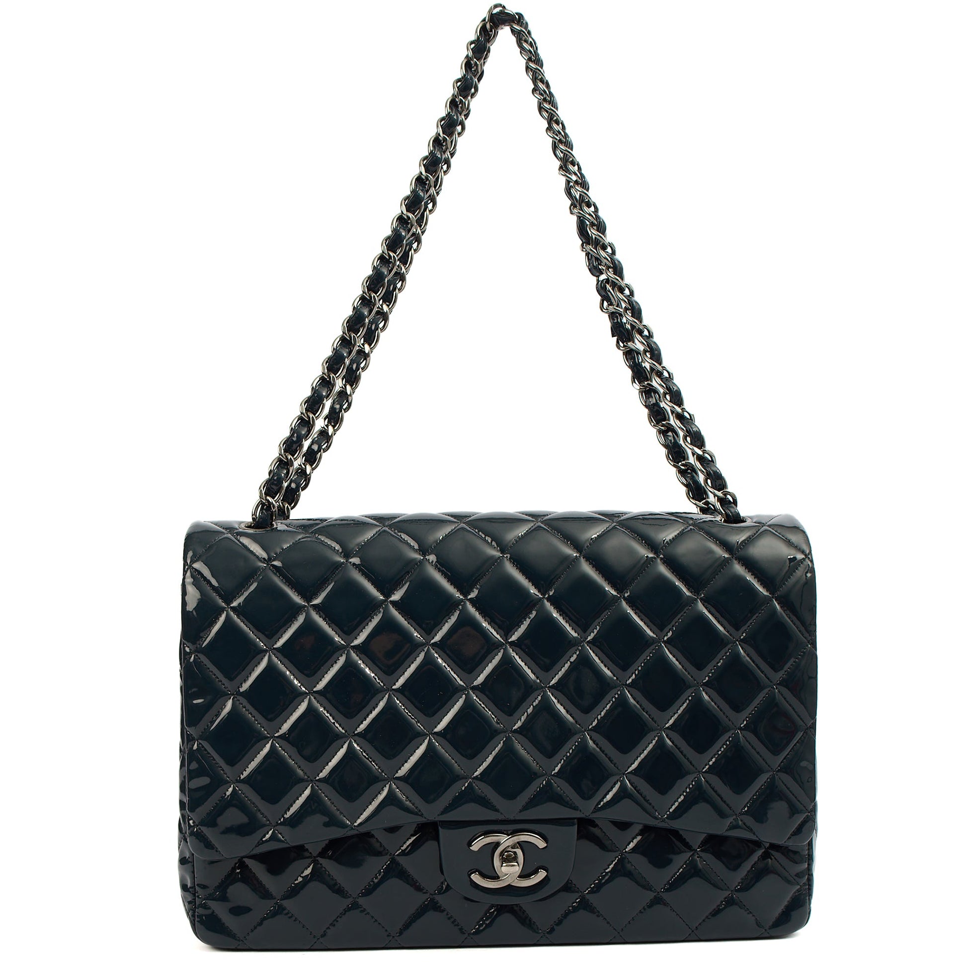 Chanel Shoulder Bag Classic - Maxi in Navy, Patent Leather — Lifestyle View