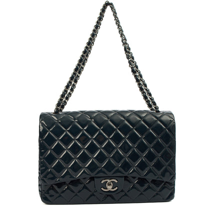 Chanel Shoulder Bag Classic - Maxi in Navy, Patent Leather — Lifestyle View
