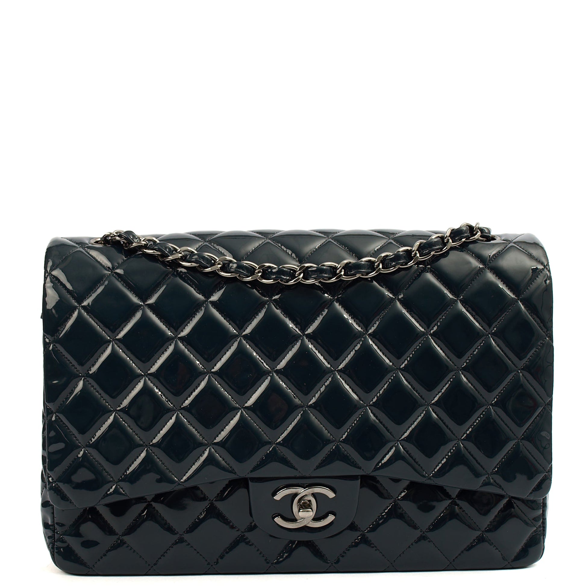 Chanel Shoulder Bag Classic - Maxi in Navy, Patent Leather — Front View