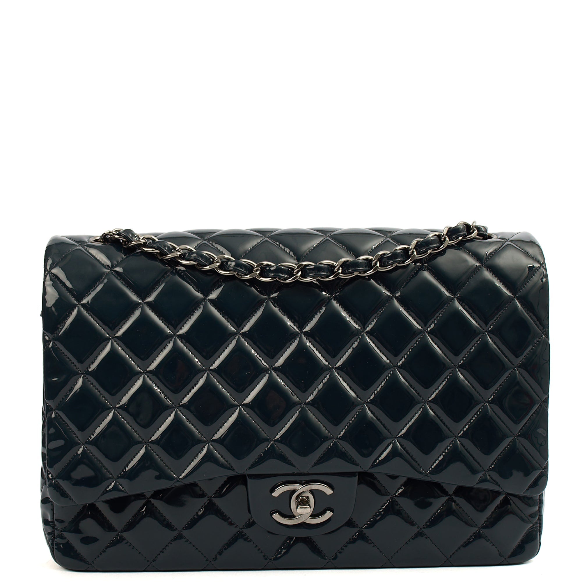 Chanel Shoulder Bag Classic - Maxi in Navy, Patent Leather — Front View