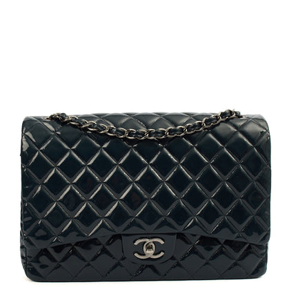 Chanel Shoulder Bag Classic - Maxi in Navy, Patent Leather — Front View