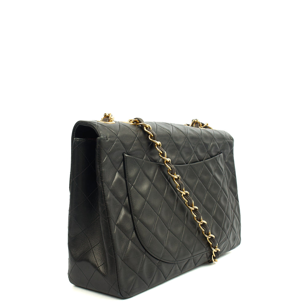 Chanel Shoulder Bag Maxi Jumbo XL in Black, Lambskin Leather — Side View