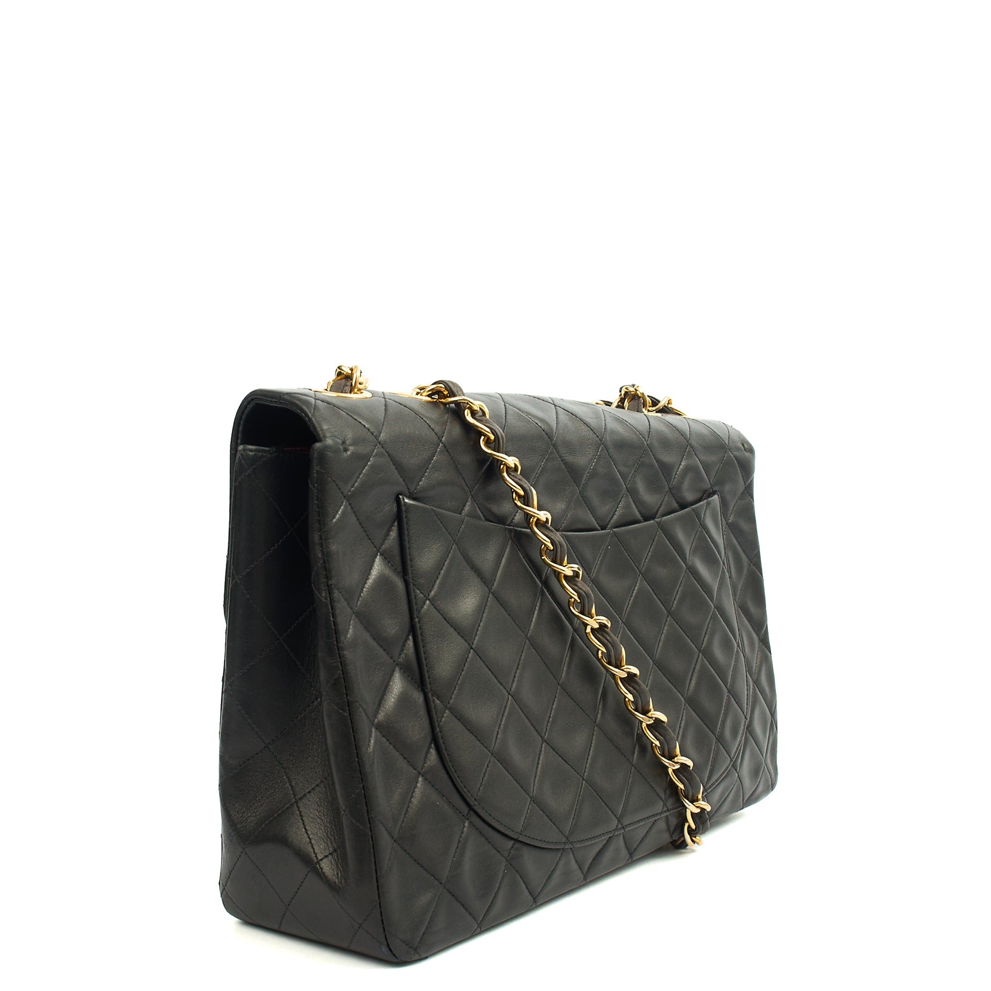 Chanel Shoulder Bag Maxi Jumbo XL in Black, Lambskin Leather — Side View