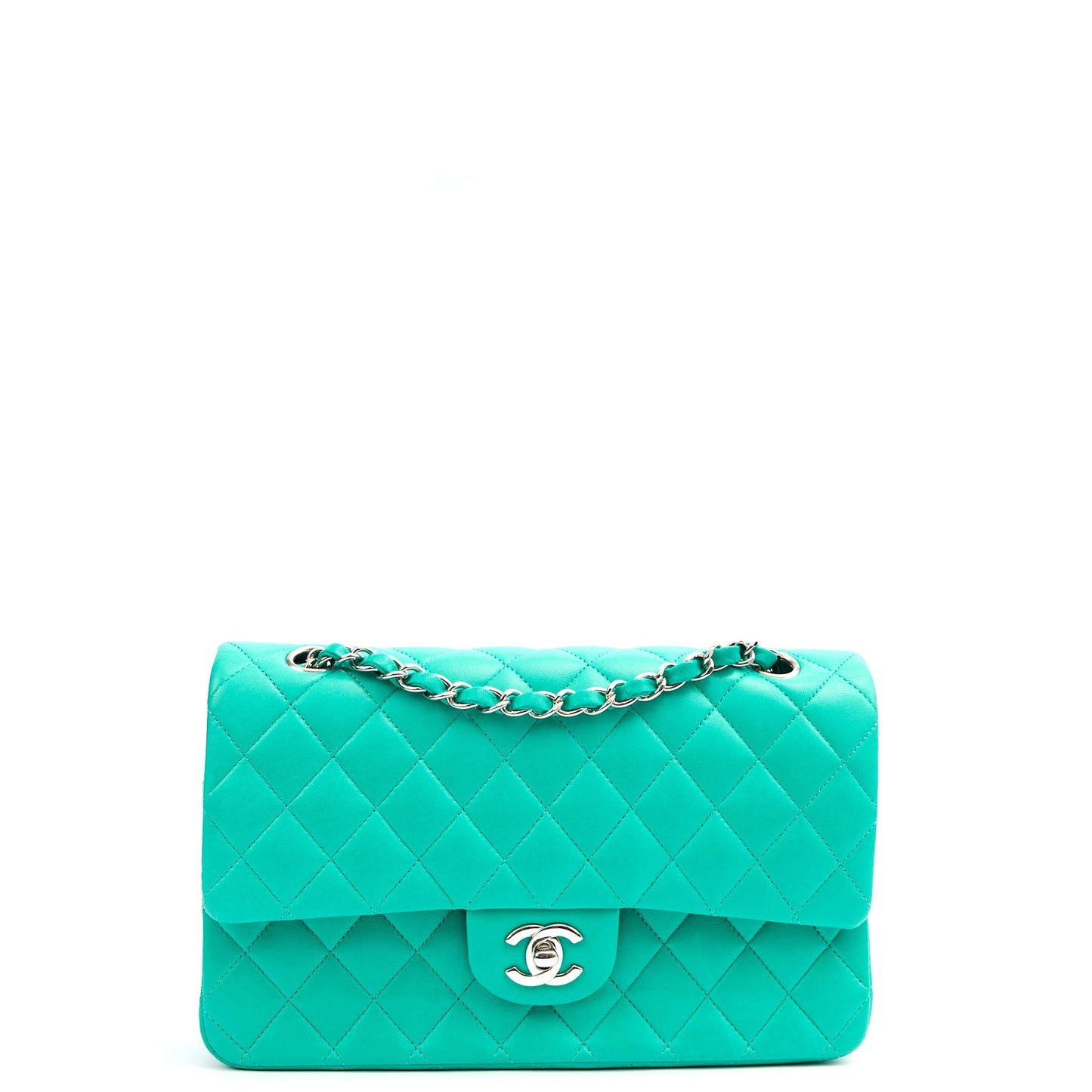 Chanel Shoulder Bag Classic Double Flap - Medium in Blue, Lambskin Leather — Front View