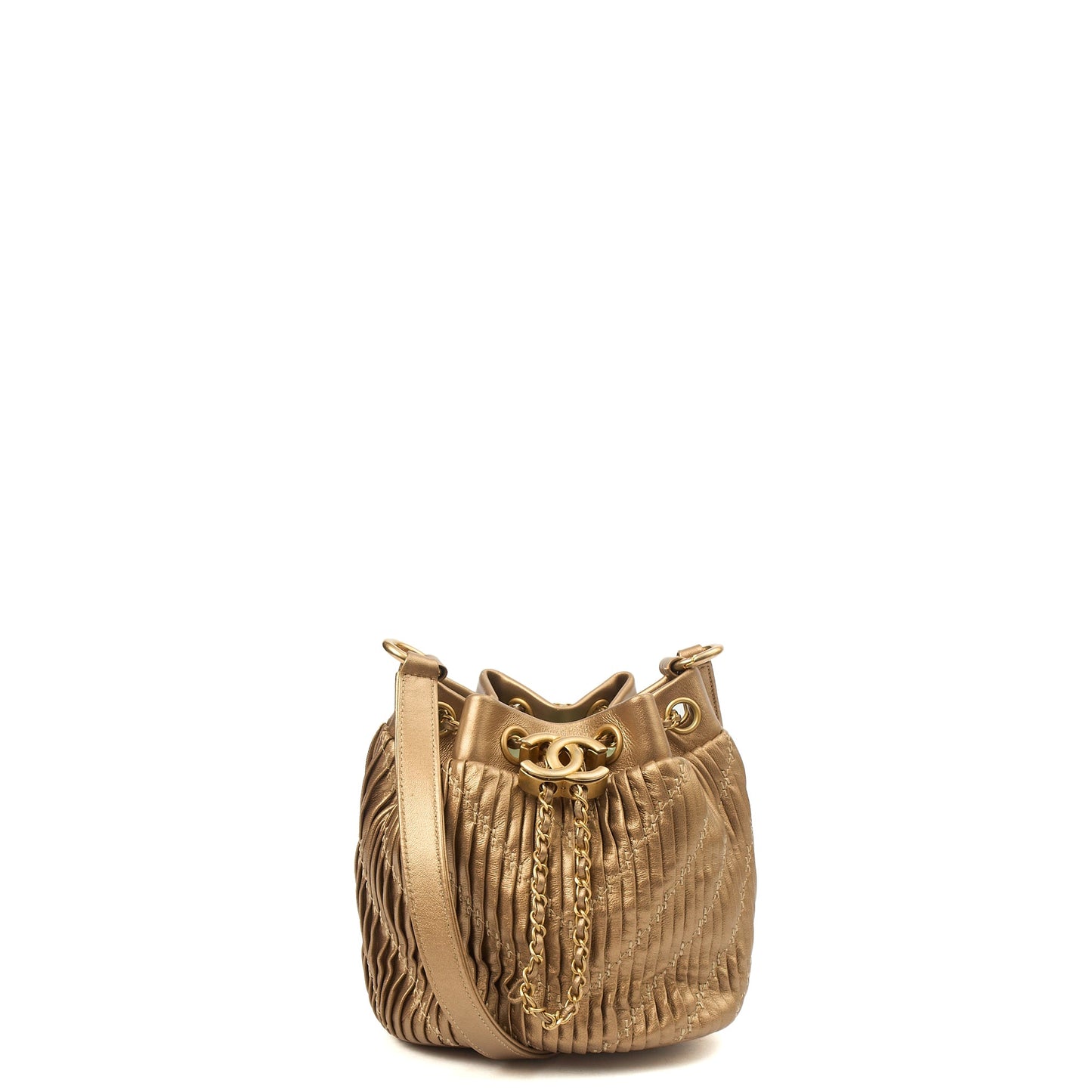 Chanel Bucket Bag Paris Cosmopolite Drawstring Bucket Bag in Metallic, Calfskin Leather — Front View