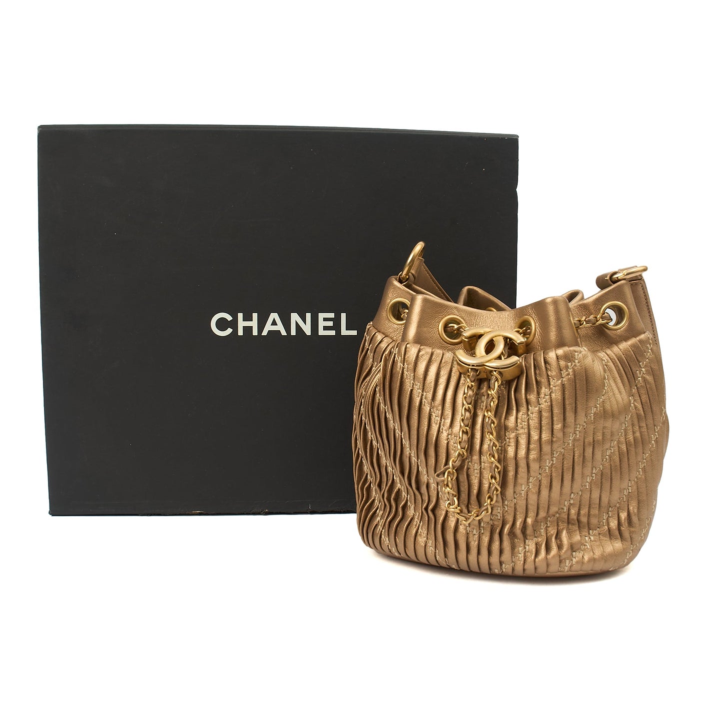 Chanel Bucket Bag Paris Cosmopolite Drawstring Bucket Bag in Metallic, Calfskin Leather — Alternate View 9