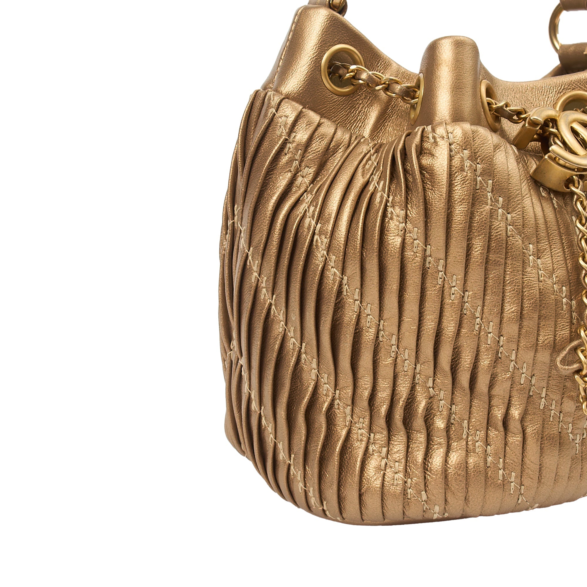Chanel Bucket Bag Paris Cosmopolite Drawstring Bucket Bag in Metallic, Calfskin Leather — Alternate View 7