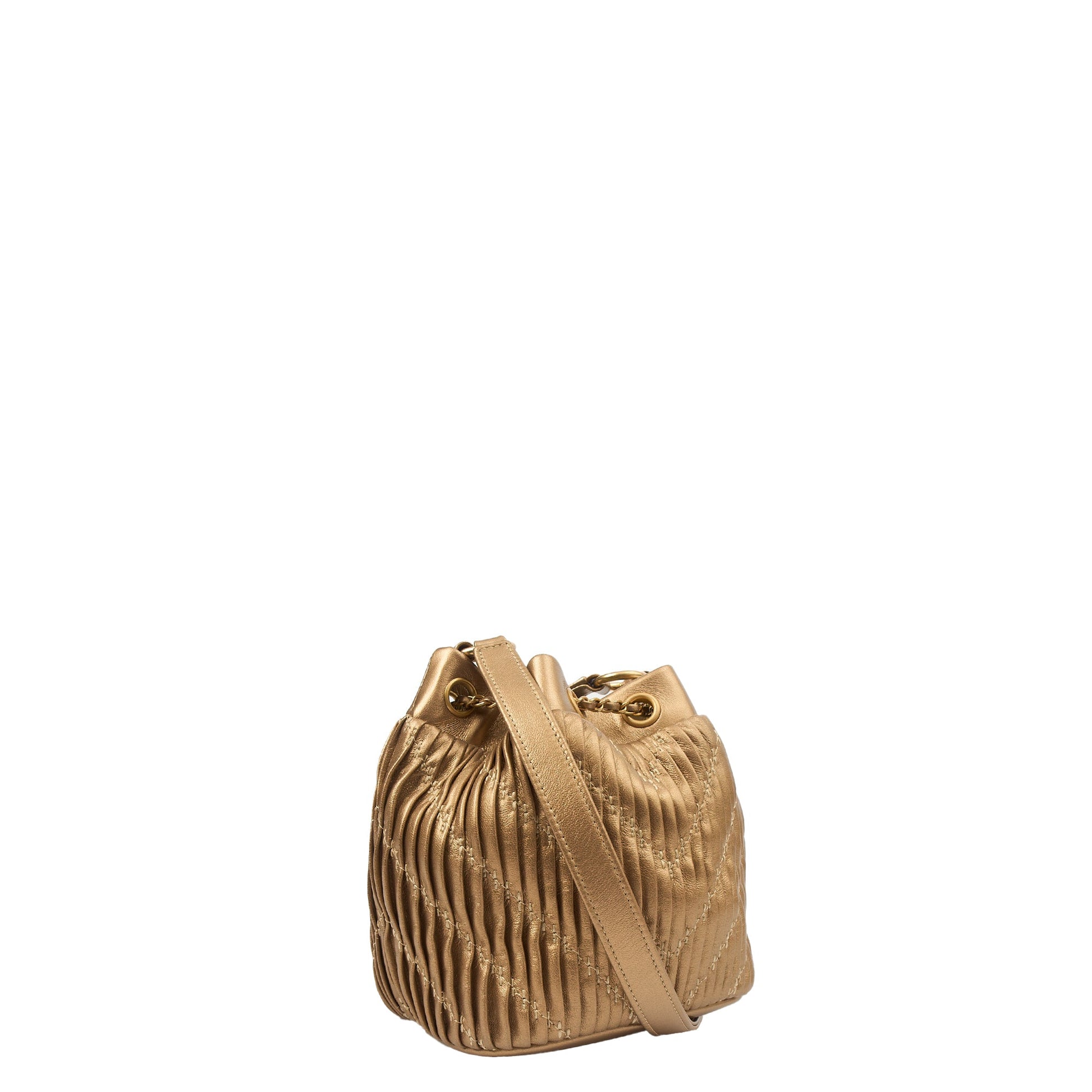Chanel Bucket Bag Paris Cosmopolite Drawstring Bucket Bag in Metallic, Calfskin Leather — Side View