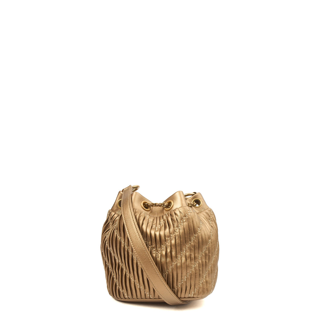 Chanel Bucket Bag Paris Cosmopolite Drawstring Bucket Bag in Metallic, Calfskin Leather — Back View