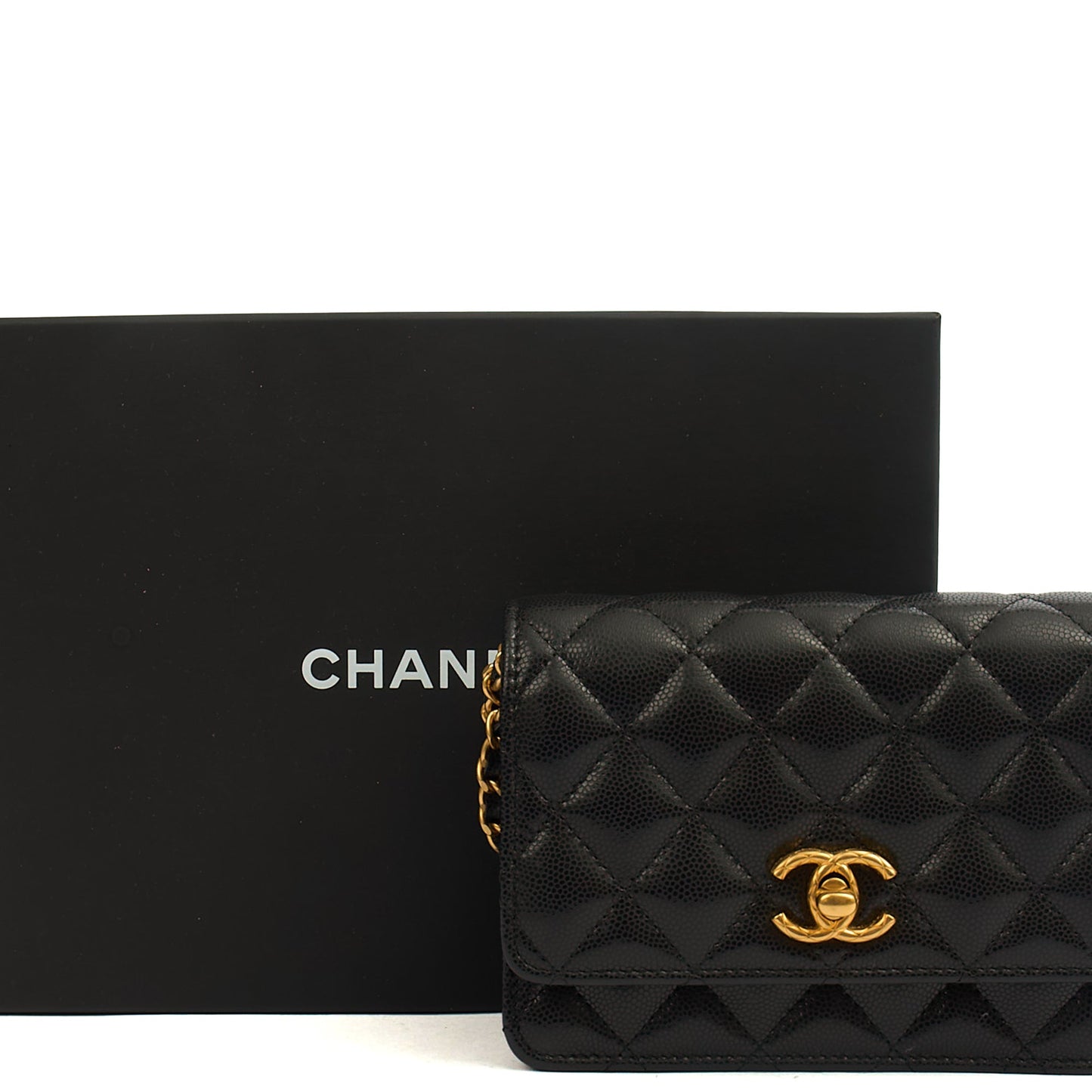 Chanel Cross Body Wallet on Chain in Black, Caviar Leather — Side View