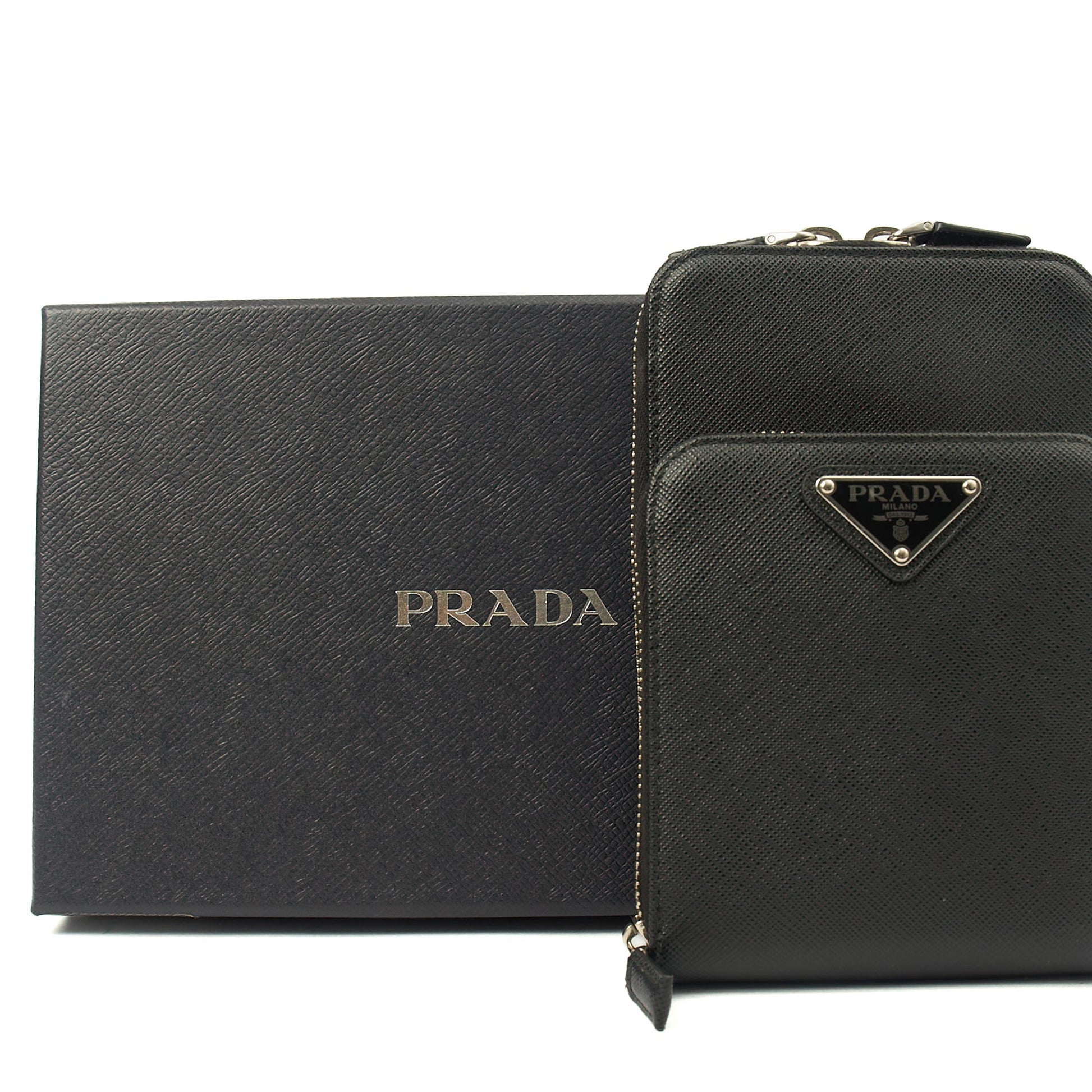 Prada Cross Body Crossbody in Black, Saffiano Leather — Detail View